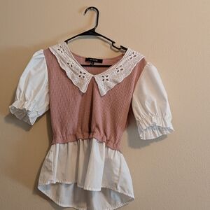 Chic Pink and White Blouse with Lace Detail
